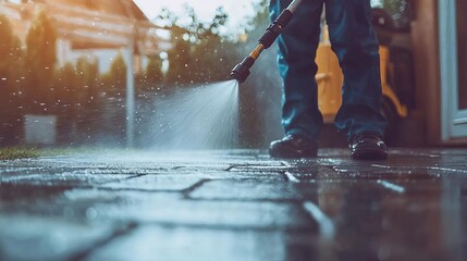 Fototapeta premium Person cleaning patio with pressure washer on wet tiles, outdoor setting.