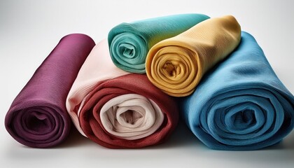 Rolls of bright colored fabric on a white background. 