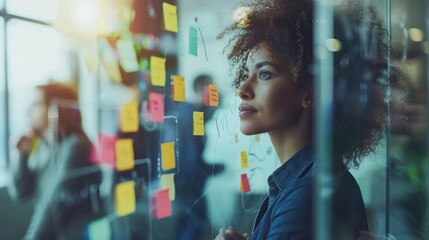 Web designer is working with brainstorming board full of sticky note from colleague teamwork