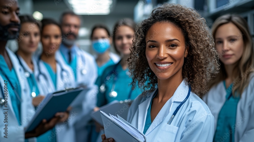 Poster medical team organizing patient records in a hospital to ensure quality healthcare services showing 