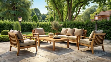 Elevate your outdoor space with this elegant wooden furniture set, designed for patios and gardens, enhancing the