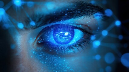 A close-up of a human eye with a digital overlay, symbolizing concepts like cyber-security, biometric scanning, or the integration of technology with human senses.