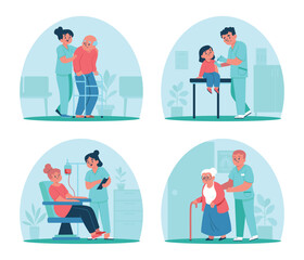 Healthcare professionals assisting patients in medical settings
