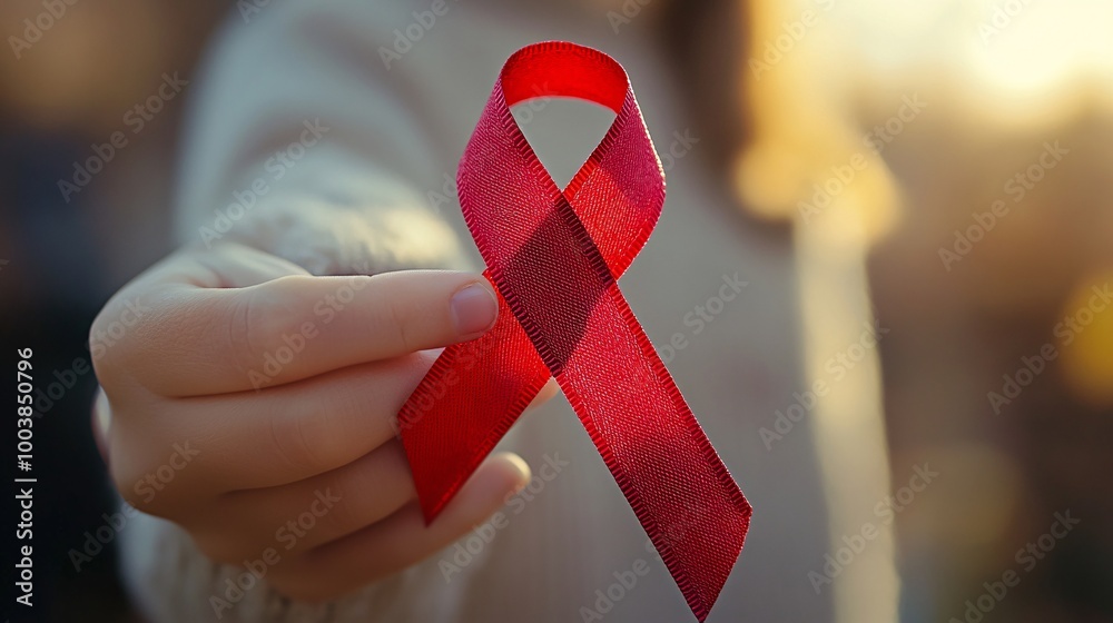 Poster Close-up of a hand holding a red ribbon symbolizing support for World AIDS Day with a blurred background highlighting the significance Large space for text in center Stock Photo with copy space