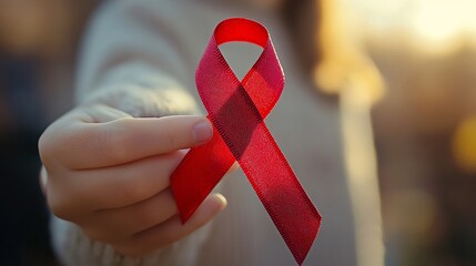 Close-up of a hand holding a red ribbon symbolizing support for World AIDS Day with a blurred background highlighting the significance Large space for text in center Stock Photo with copy space