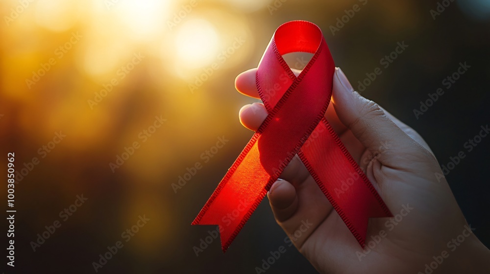 Poster Close-up of a hand holding a red ribbon symbolizing support for World AIDS Day with a blurred background highlighting the significance Large space for text in center Stock Photo with copy space