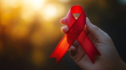 Close-up of a hand holding a red ribbon symbolizing support for World AIDS Day with a blurred background highlighting the significance Large space for text in center Stock Photo with copy space