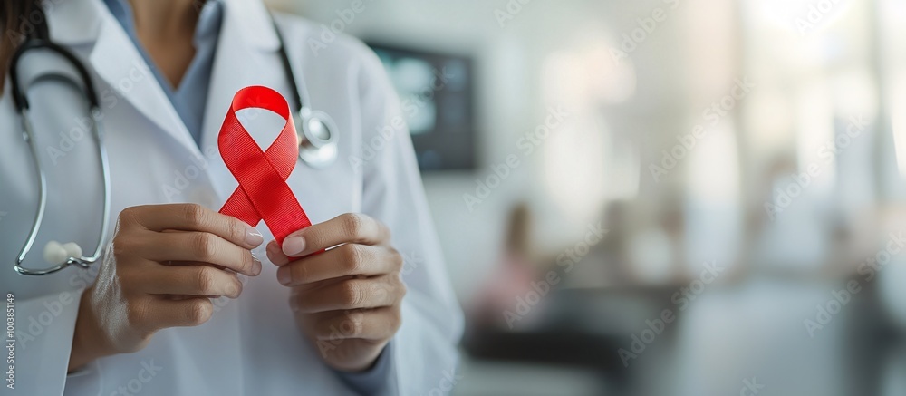 Poster healthcare professional holding a red ribbon in front of a medical clinic symbolizing awareness and 