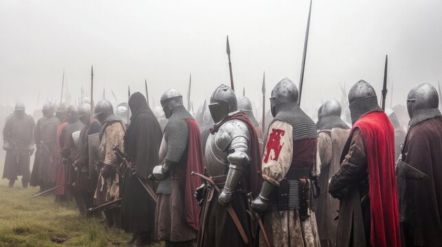 A group of medieval knights stand in a field, some of them holding swords - Powered by Adobe