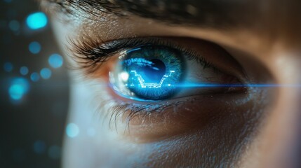 Close-up of a human eye with a digitally enhanced blue glow and light-beam, symbolizing advanced vision technology or futuristic eye augmentation.