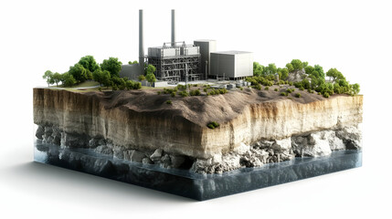 Fototapeta premium Miniature industrial plant on a cross-section terrain, blending industry with natural elements in a diorama style. Generative AI