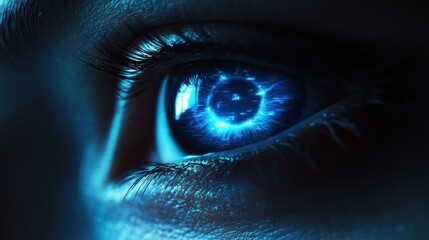 A close-up of a human eye with a digitally enhanced, futuristic blue interface projected onto the iris, symbolizing advanced technology or cyber-enhanced vision.