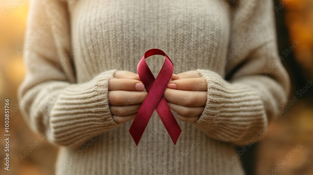 Poster person holding a red ribbon close to their heart symbolizing empathy and commitment to ending hiv st