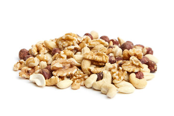 A pile of assorted mixed nuts, including walnuts, cashews, hazelnuts, and almonds, isolated on a white background. variety of textures and natural colors