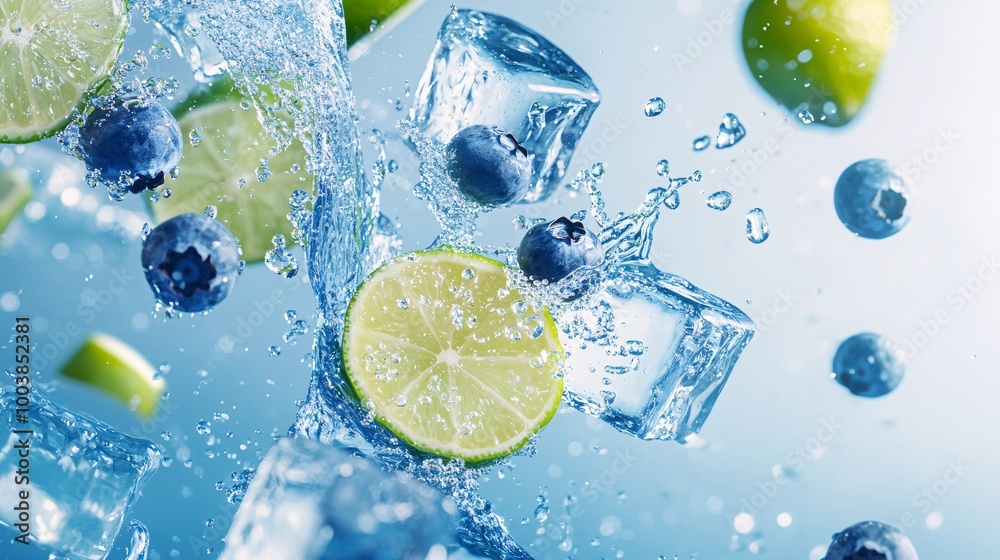 Wall mural fresh limes and blueberries splashing in ice water