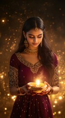 Portrait of Indian woman in burgundy salwar kameez, holding a Diwali lantern, with a gradient glowing background transitioning from burgundy to gold, Indian traditional Diwali festival