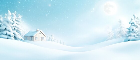  A snow-covered landscape features a house and trees in the foreground, while a full moon dominates the background sky