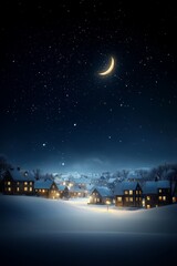 a house in the snow, half-moon, stars, sky (With moon and stars in the sky above the house, half-moon illuminating the snow