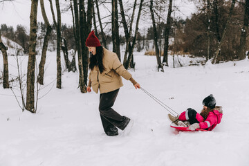 mother and daughter ride on a snow plate in the yard of the house