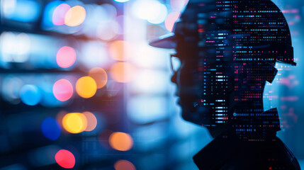 Technician analyzing data servers in a modern data center during nighttime operations