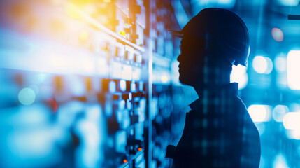 Technician working on electrical control panel in a modern industrial facility at night