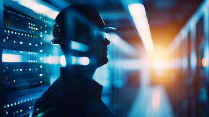 Technician working in a dimly lit server room with glowing data servers during evening hours