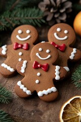  A pair of ginger cookies atop a weathered wooden table An orange slice and a pinecone beside them
