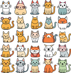 Fototapeta premium 25 icon set of funny hand drawn cats, animals vector illustration with adorable kittens isolated on white or transparent background.