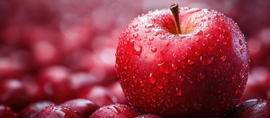 A single, red apple with water droplets sits on a bed of blurred red apples.