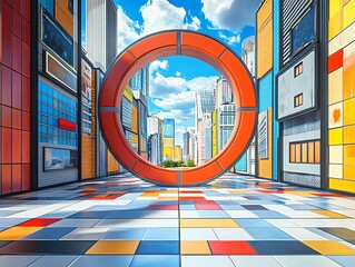 A large orange ring portal in a futuristic city with colorful buildings on each side.