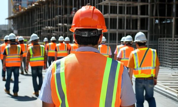 Workers following safety protocols at a construction site, emphasizing the importance of safety gear and procedures