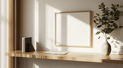 Mock-up frame set on a minimalist, floating shelf in a neutral-toned office, 3D render.