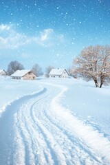 Obraz premium A snow-covered road passes through a vast, snow-covered field In the distance, a house is visible A solitary tree stands in the foreground