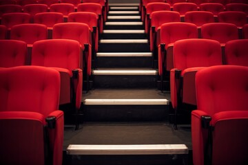 A row of red, plush theater or cinema seats arranged in a straight line