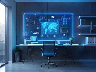 Sleek Home Office with Holographic Computer Screen Showcasing Productivity Apps