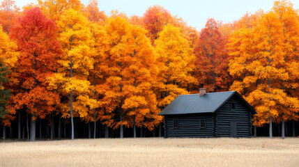 Obraz premium A cozy black cabin surrounded by vibrant autumn trees in a tranquil forest setting
