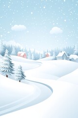 Fototapeta premium A snow-covered landscape featuring houses and trees in the foreground, contrasted against a backdrop of a blue sky adorned with white clouds and gentle snowflakes