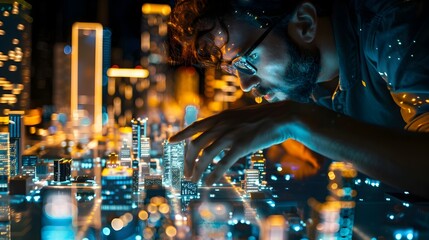 City Planner Examining Holographic 3D Model of Urban Infrastructure and Development