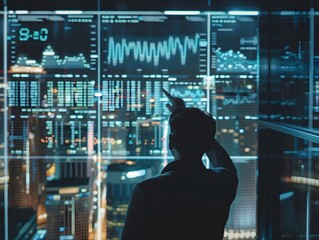 Financial Analyst Interacting with Futuristic Holographic Market Interface in High Rise Office