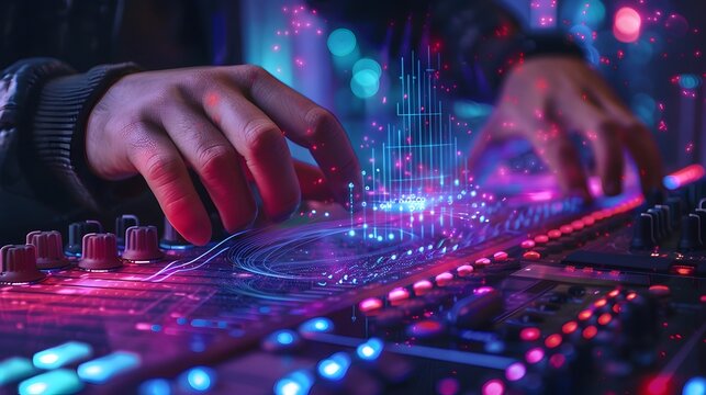 Musician Composing with Holographic Sound Mixer Visualizing Waveforms - Powered by Adobe