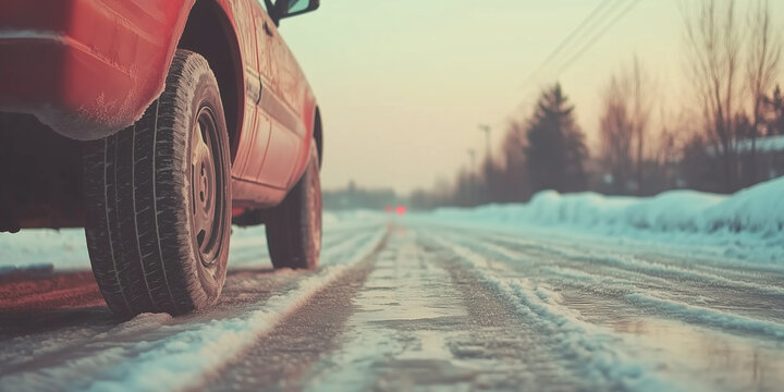 Close-up of a car driving on a snowy road in winter. A detailed image of a car tire moving along an icy, snow-covered road at sunset, highlighting winter conditions and careful driving