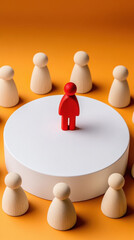 Obraz premium A man stands in front of a group of people, with a red figure in the center