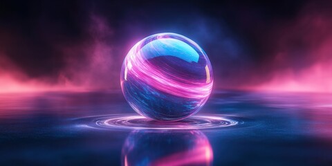 Abstract 3D floating orb with layers of holographic rings orbiting around it