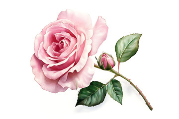 Fototapeta premium A Delicate Pink Rose with a Bud and Green Leaves