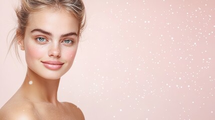 Naklejka premium Close-up of a woman's face with snowflakes grazing her cheeks against a pink backdrop