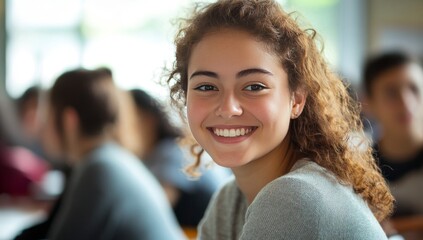 A young woman with curly red hair smiles brightly at the camera.