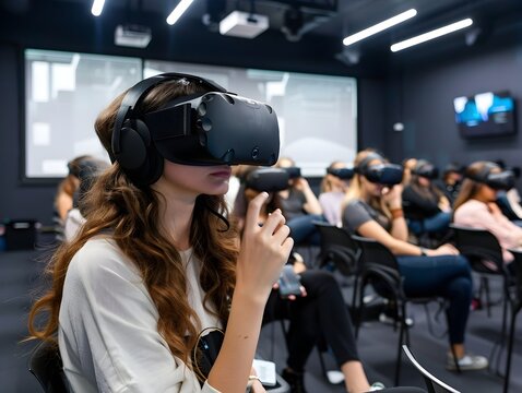 Students Practicing Public Speaking in Virtual Reality Classroom Concept