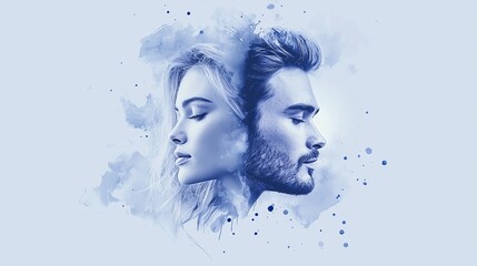 Fototapeta premium A man and a woman face each other with closed eyes against a backdrop of blue and white
