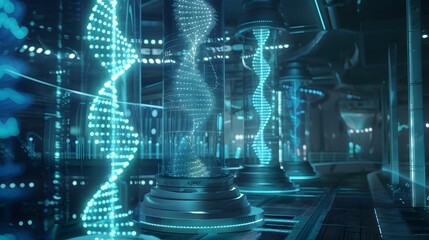 Futuristic Lab Visualizing Genetic Enhancements with Holographic DNA Strands in High Tech Environment