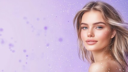  A woman's face, tightly framed against a deep purple backdrop Stars twinkle behind her, adding a magical touch